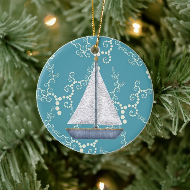 Personalised Nautical Sailboat and Swirling Water Ceramic Ornament (Tree)