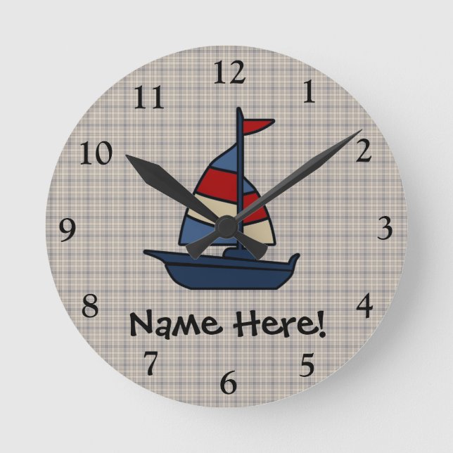 Personalised Nautical Sailboat Blue/Tan Boy's Round Clock (Front)