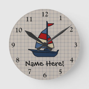 Personalised Nautical Sailboat Blue/Tan Boy's Round Clock
