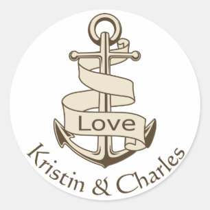 Personalised Nautical Ship Anchor Brown Love Classic Round Sticker
