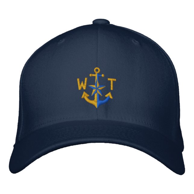 Personalised Nautical Star Golden Anchor Monogram Embroidered Hat (Front)
