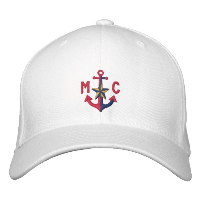 Personalised Nautical Star Red Anchor Monogram Embroidered Hat (Front)