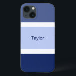 Personalised Nautical Stripes Blue and White iPhone 13 Case<br><div class="desc">You'll love this stylish nautical hued cell phone case with a blue and white stripe pattern. Multiple shades of large blue stripes plus small white stripes. Personalised with your name printed in a blue text.</div>