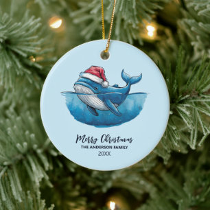 Personalised Nautical Whale in Santa Hat Christmas Ceramic Ornament