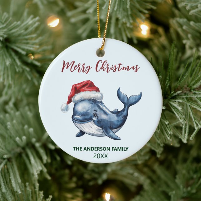 Personalised Nautical Whale in Santa Hat Christmas Ceramic Ornament (Tree)