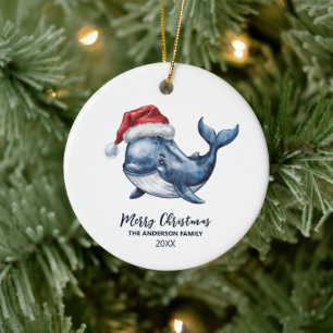 Personalised Nautical Whale in Santa Hat Christmas Ceramic Ornament