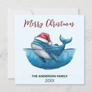 Personalised Nautical Whale in Santa Hat Christmas Holiday Card