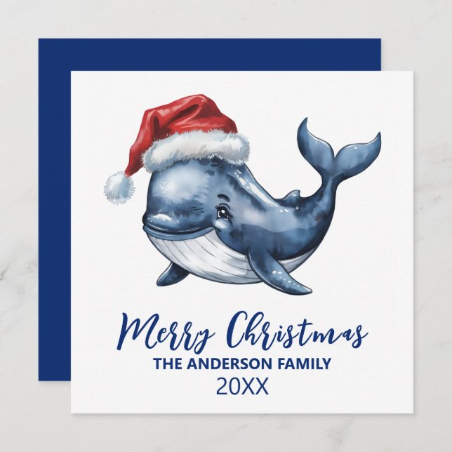 Personalised Nautical Whale in Santa Hat Christmas Holiday Card (Front/Back)