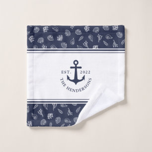 Personalised Nautical White Navy Blue Anchor Wash Cloth