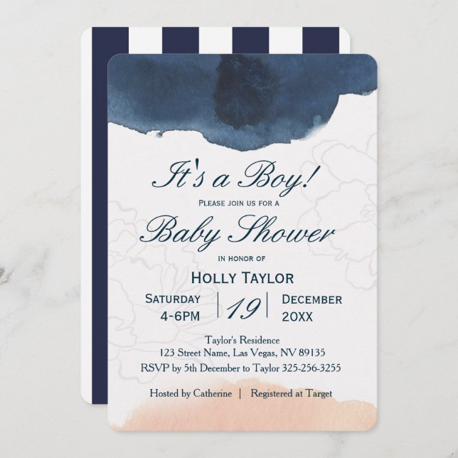 Personalised Navy and Blush Baby Shower Invitation (Front/Back)