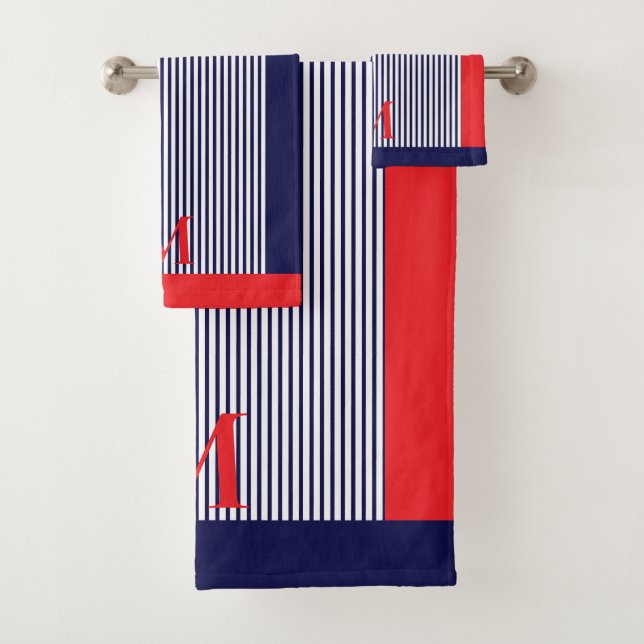 Personalised Navy And Bright Red Nautical Aesthet Bath Towel Set (Insitu)