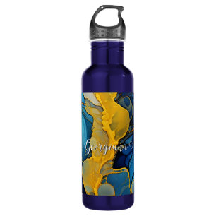 Personalised Navy and Gold Alcohol Ink Fluid Art 710 Ml Water Bottle