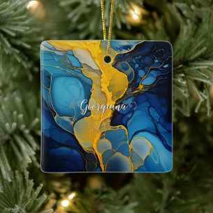 Personalised Navy and Gold Alcohol Ink Fluid Art Ceramic Ornament