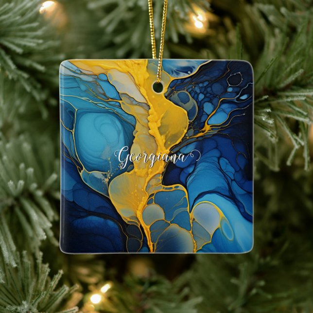 Personalised Navy and Gold Alcohol Ink Fluid Art Ceramic Ornament (Tree)