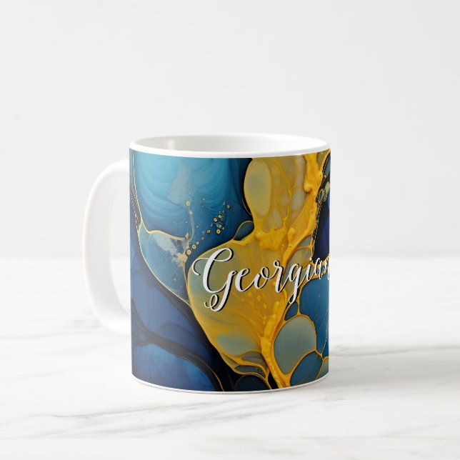 Personalised Navy and Gold Alcohol Ink Fluid Art Coffee Mug (Front Left)
