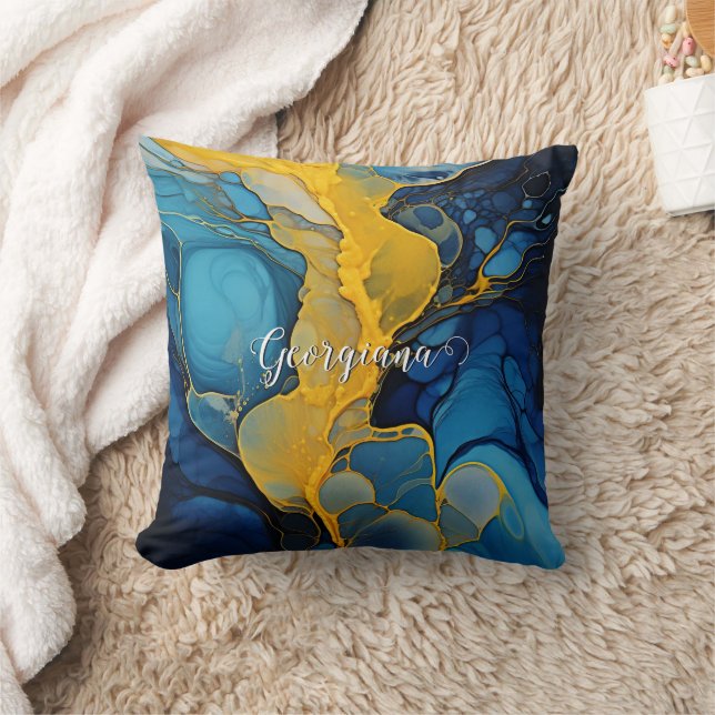 Personalised Navy and Gold Alcohol Ink Fluid Art Cushion (Blanket)