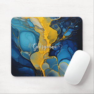 Personalised Navy and Gold Alcohol Ink Fluid Art Mouse Pad