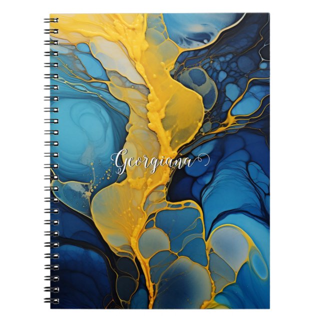 Personalised Navy and Gold Alcohol Ink Fluid Art Notebook (Front)