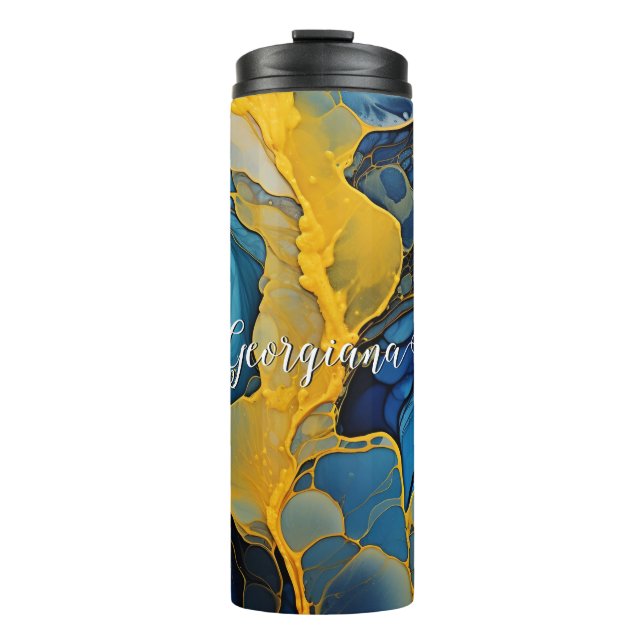 Personalised Navy and Gold Alcohol Ink Fluid Art Thermal Tumbler (Front)