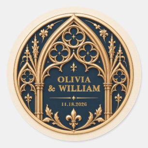 Personalised Navy and Gold Gothic Wedding Classic Round Sticker