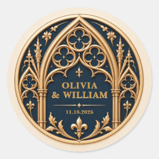 Personalised Navy and Gold Gothic Wedding Classic Round Sticker