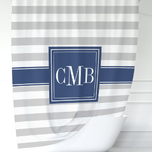 Personalised Navy and Grey Striped  Shower Curtain