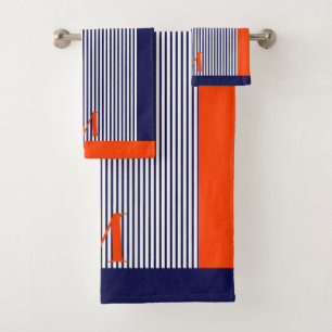 Personalised Navy And Orange Nautical  Aesthetic  Bath Towel Set