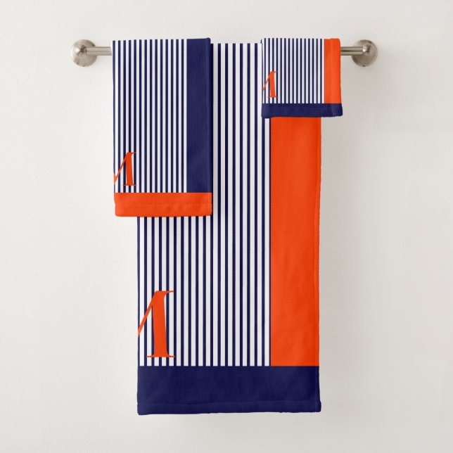 Personalised Navy And Orange Nautical  Aesthetic  Bath Towel Set (Insitu)