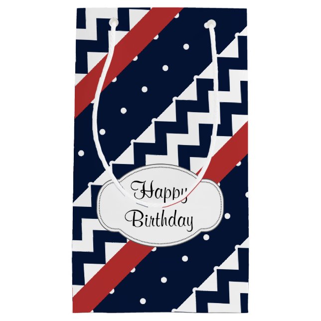 Personalised Navy and white Chevron ZigZag Small Gift Bag (Front)