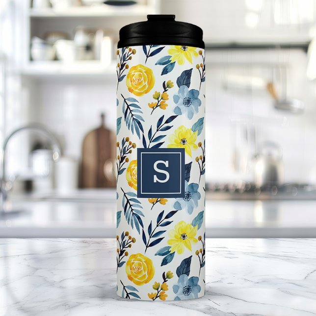 Personalised Navy And Yellow Floral  Thermal Tumbler (Creator Uploaded)