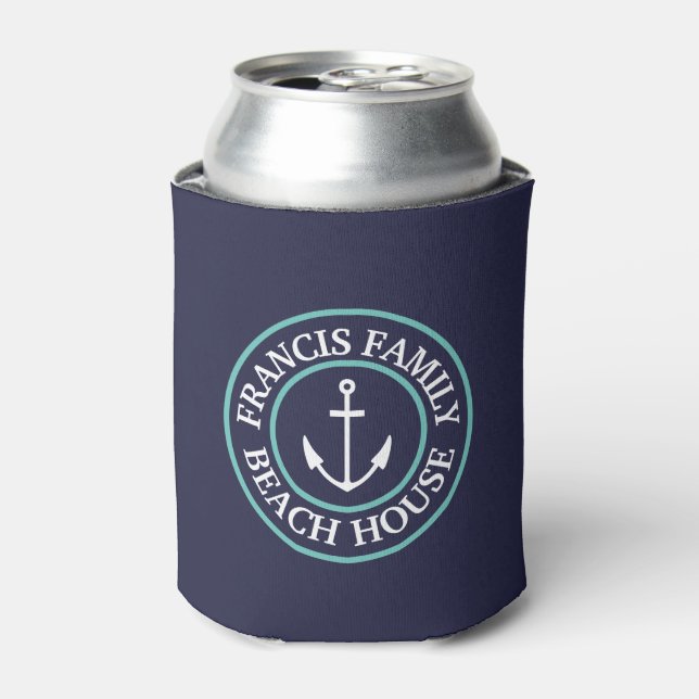 Personalised Navy Aqua Anchor Logo Can Cooler (Can Front)