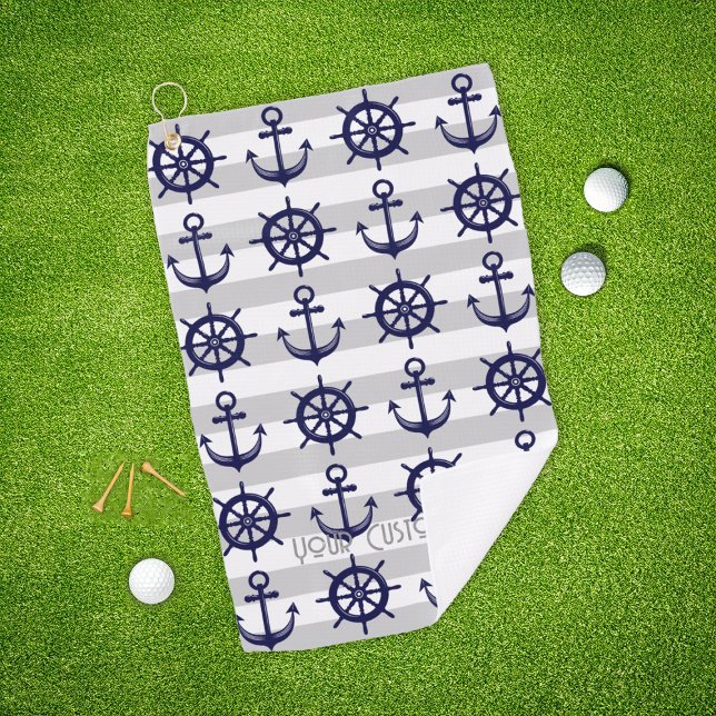 Personalised Navy Blue Anchor Boat Wheel Nautical Golf Towel (Creator Uploaded)