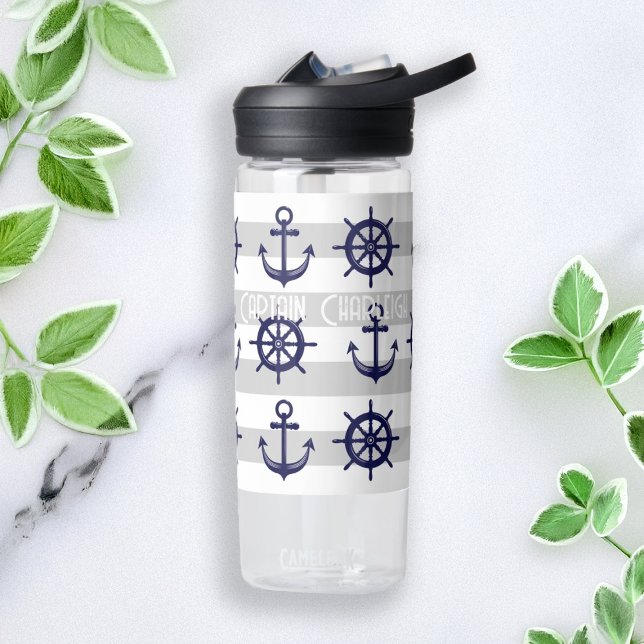 Personalised Navy Blue Anchor Boat Wheel Nautical Water Bottle (Creator Uploaded)