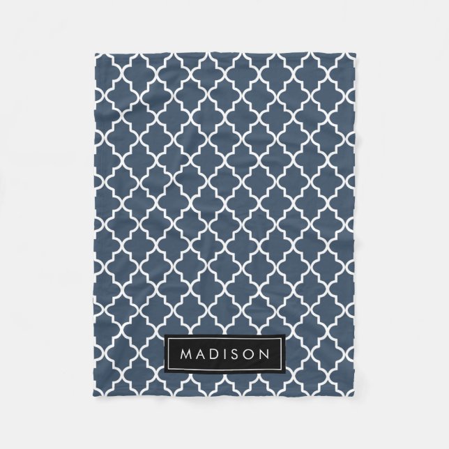 Personalised Navy Blue and Black Quatrefoil Fleece Blanket (Front)
