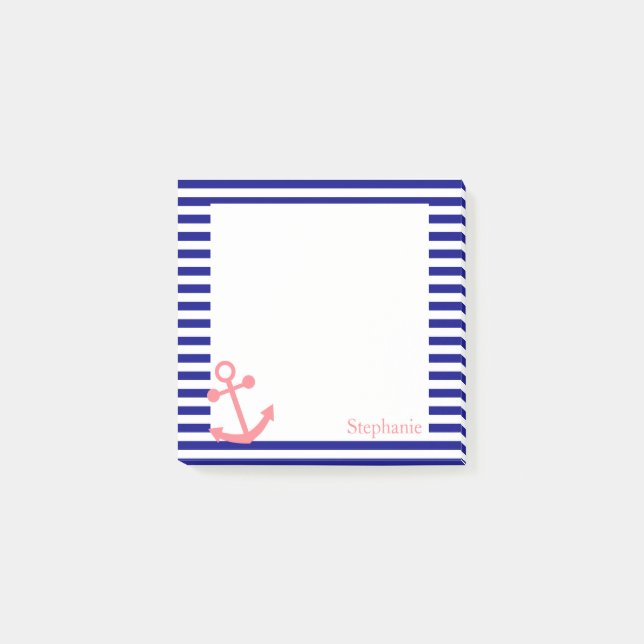 Personalised Navy Blue and Blush Pink Nautical Post-it Notes (Front)