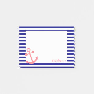 Personalised Navy Blue and Blush Pink Nautical Post-it Notes