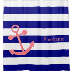 Personalised Navy Blue and Blush Pink Nautical Shower Curtain