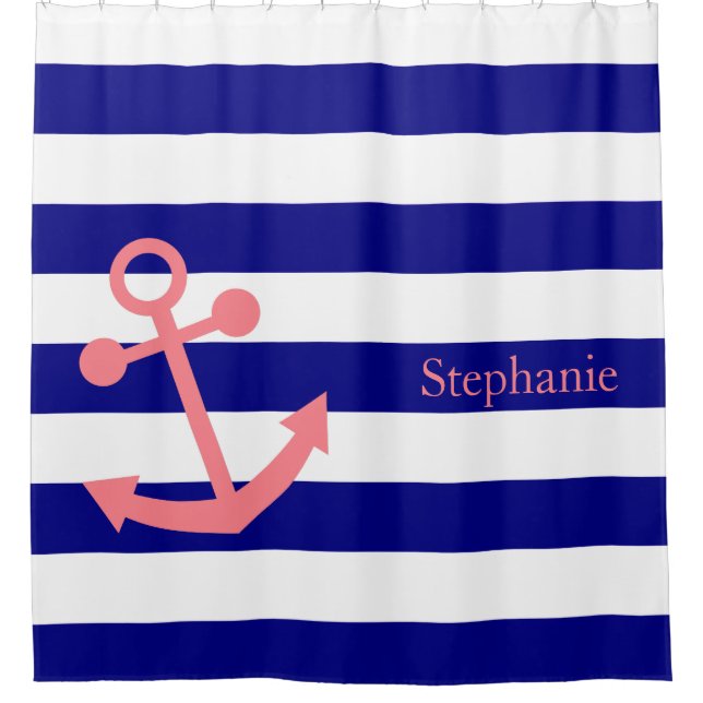 Personalised Navy Blue and Blush Pink Nautical Shower Curtain (Front)