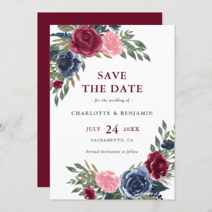 Personalised Navy Blue and Burgundy Floral Wedding Save The Date