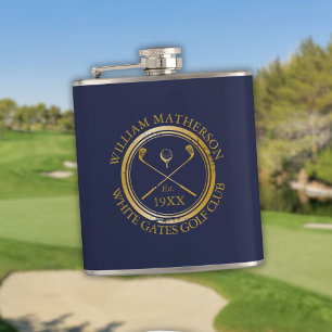 Personalised Navy Blue And Gold Golf Club Name Hip Flask