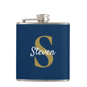 Personalised Navy Blue and Gold Monogram Hip Flask