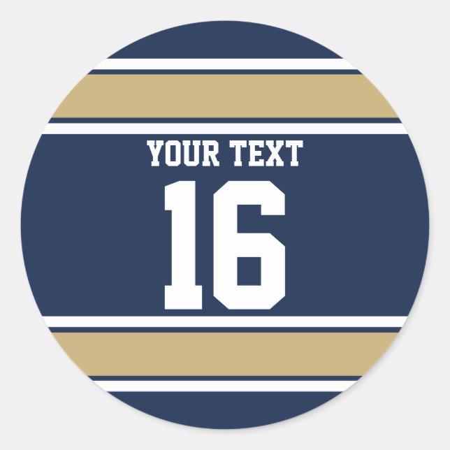 Personalised Navy Blue and Gold Sports Stripes Classic Round Sticker (Front)