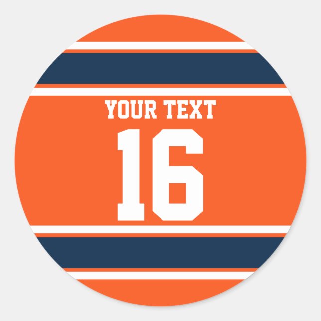 Personalised Navy Blue and Orange Sport Stripes Classic Round Sticker (Front)