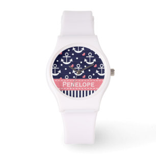 Personalised Navy Blue and Pink Anchor Watch