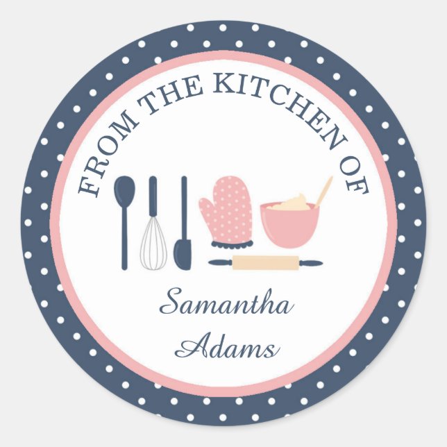 Personalised Navy Blue and Pink Baking Kitchen Classic Round Sticker (Front)