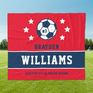 Personalised Navy Blue and Red Soccer Player Name Fleece Blanket