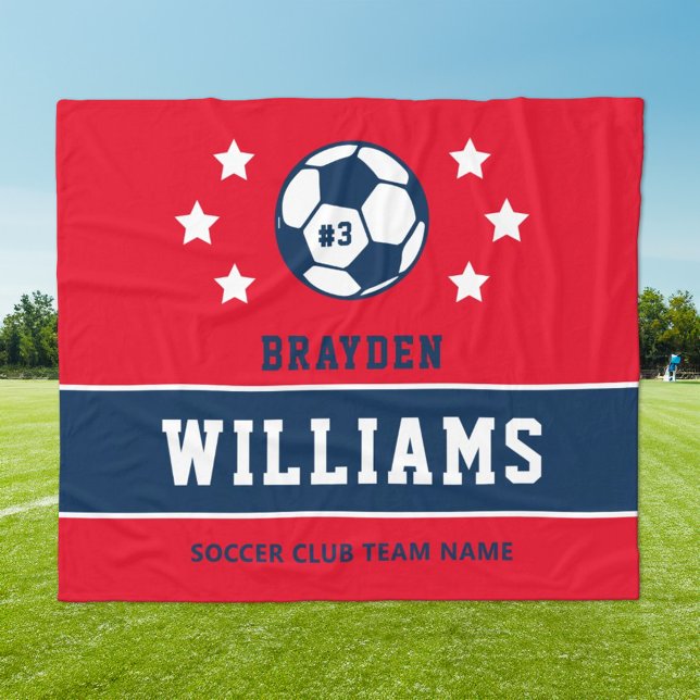 Personalised Navy Blue and Red Soccer Player Name Fleece Blanket (Creator Uploaded)