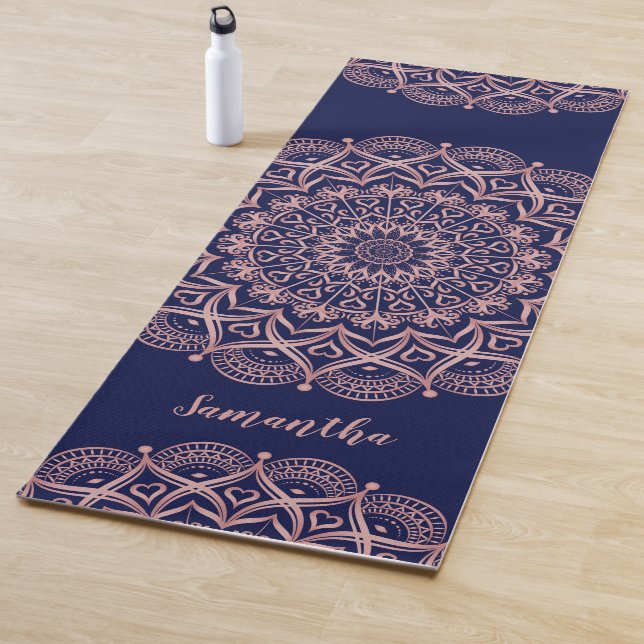 Personalised Navy Blue and Rose Gold Mandala Yoga Mat (In Situ)