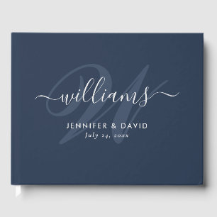 Personalised Navy Blue and Silver Monogram Wedding Guest Book