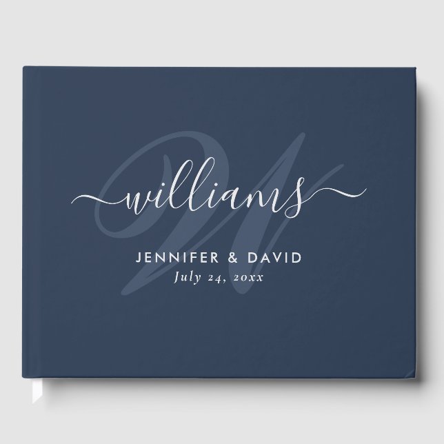 Personalised Navy Blue and Silver Monogram Wedding Guest Book (Front)